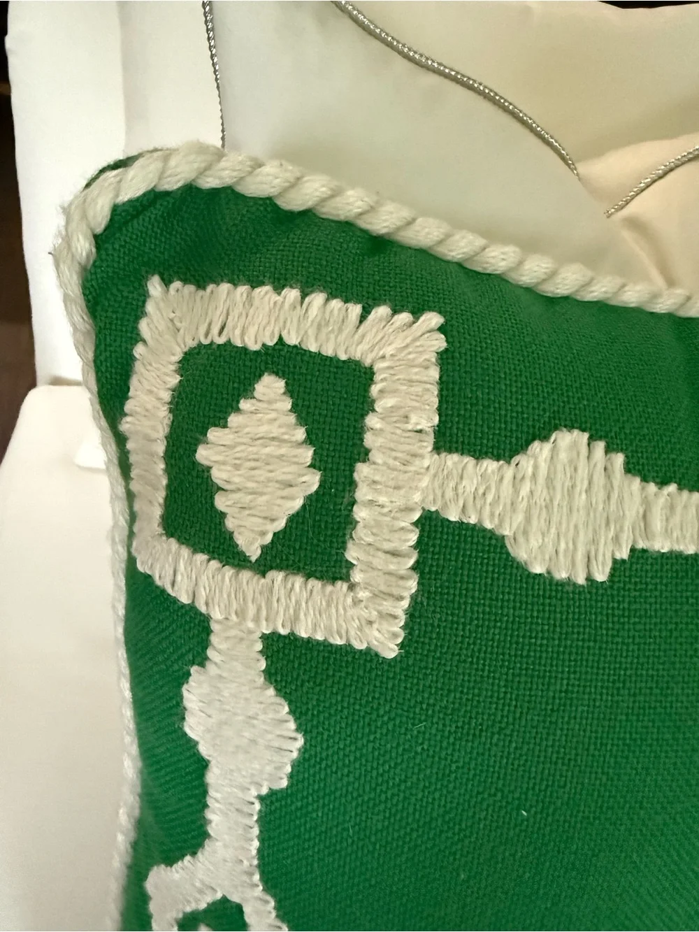 New! ANTHROPOLOGIE Greek Key Embroidered Indoor/ Outdoor Pillow 20 inch Square